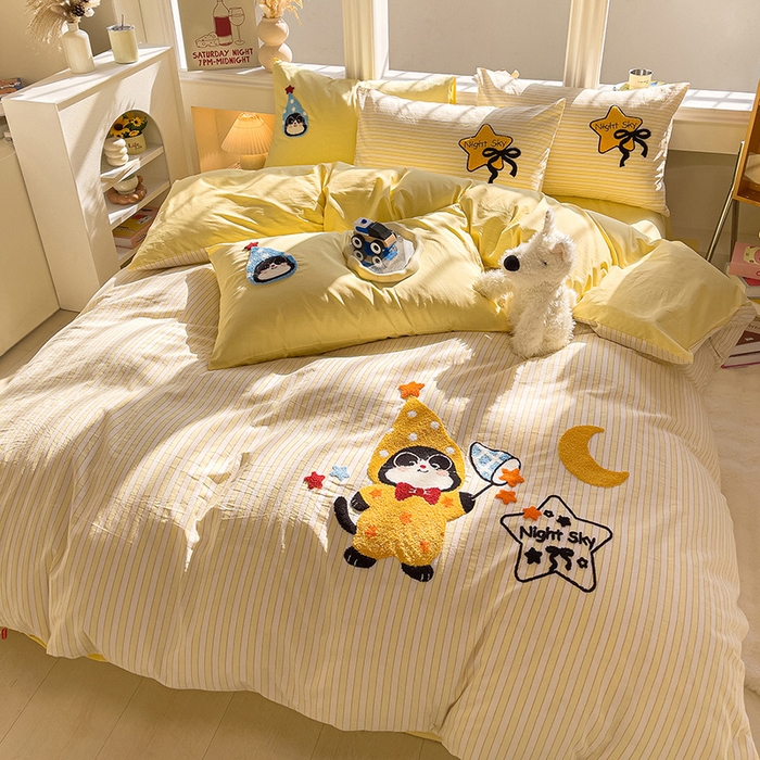 91家纺网 家纺一手货源 找家纺 炫拼家纺 2026新款多巴胺系列A类全棉40支水洗棉卡通毛巾绣四件套 多巴胺-星星猫