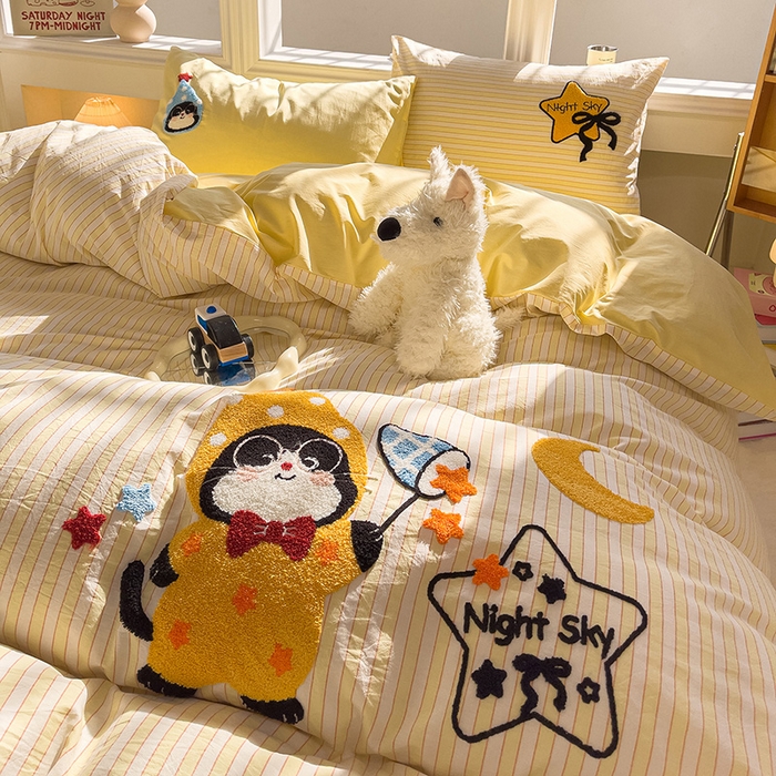 91家纺网 家纺一手货源 找家纺 炫拼家纺 2026新款多巴胺系列A类全棉40支水洗棉卡通毛巾绣四件套 多巴胺-星星猫