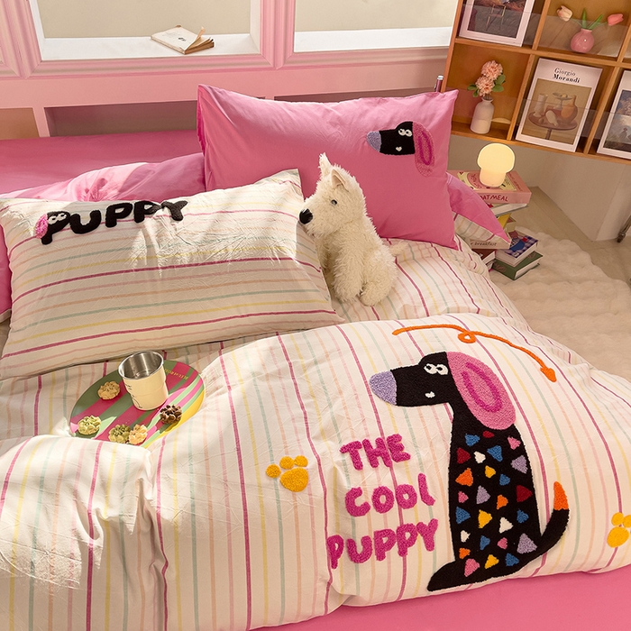 91家纺网 家纺一手货源 找家纺 炫拼家纺 2026新款多巴胺系列A类全棉40支水洗棉卡通毛巾绣四件套 多巴胺一彩色狗