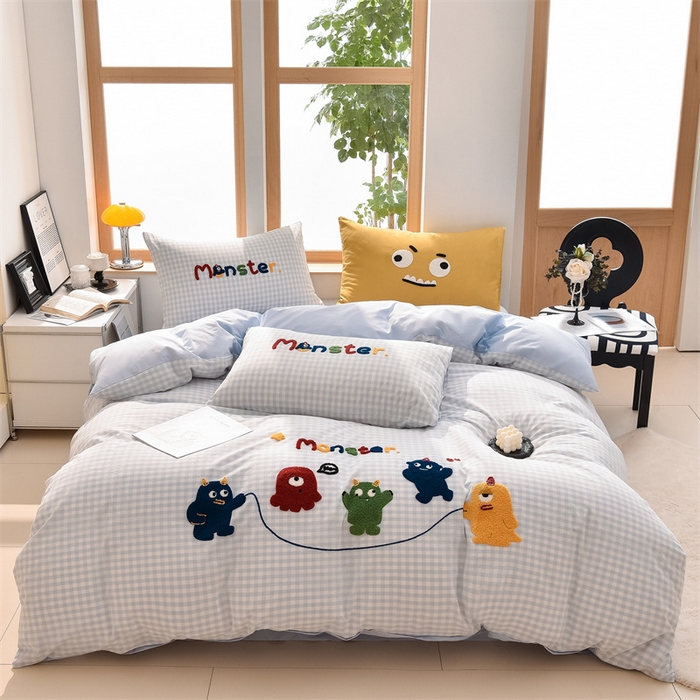 91家纺网 家纺一手货源 找家纺 炫拼家纺 2026新款多巴胺系列A类全棉40支水洗棉卡通毛巾绣四件套 多巴胺-一起嗨