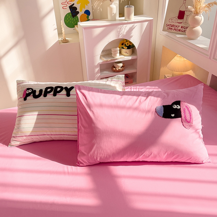 91家纺网 家纺一手货源 找家纺 炫拼家纺 2026新款多巴胺系列A类全棉40支水洗棉卡通毛巾绣四件套 多巴胺一彩色狗