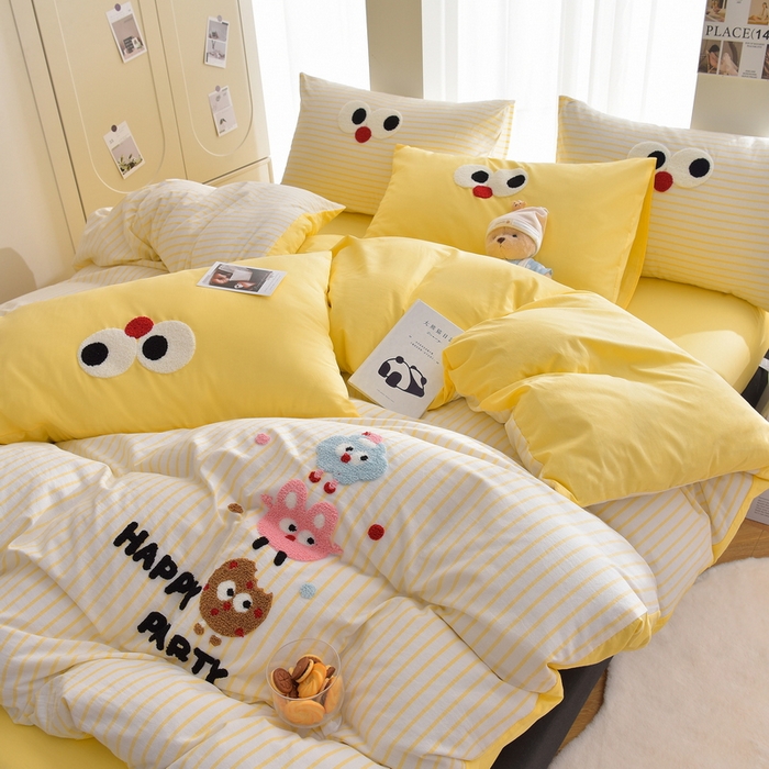 91家纺网 家纺一手货源 找家纺 炫拼家纺 2026新款多巴胺系列A类全棉40支水洗棉卡通毛巾绣四件套 多巴胺-欢乐派对