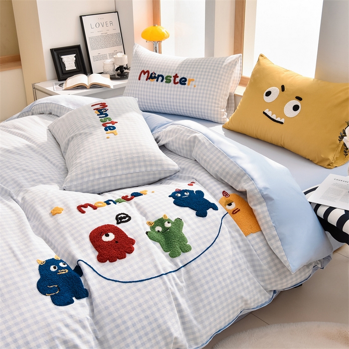 91家纺网 家纺一手货源 找家纺 炫拼家纺 2026新款多巴胺系列A类全棉40支水洗棉卡通毛巾绣四件套 多巴胺-一起嗨