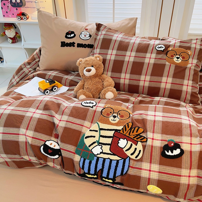 炫拼家纺 2026新款多巴胺系列A类全棉40支水洗棉卡通毛巾绣四件套 多巴胺-面包熊