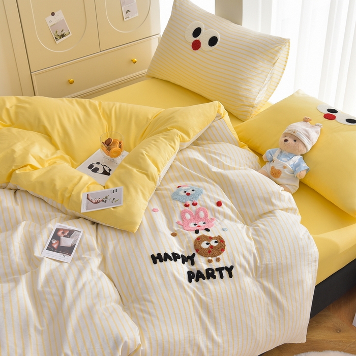 91家纺网 家纺一手货源 找家纺 炫拼家纺 2026新款多巴胺系列A类全棉40支水洗棉卡通毛巾绣四件套 多巴胺-欢乐派对