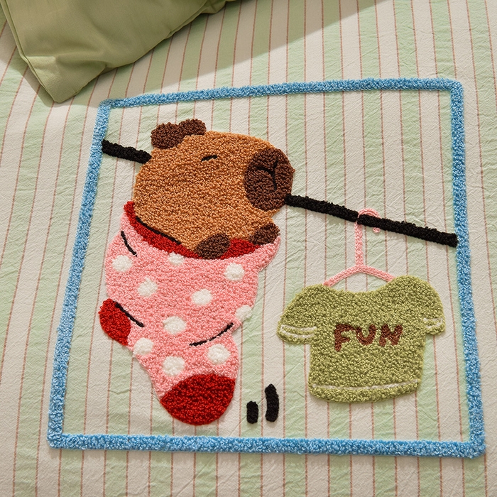 91家纺网 家纺一手货源 找家纺 炫拼家纺 2026新款多巴胺系列A类全棉40支水洗棉卡通毛巾绣四件套 多巴胺-惬意时光