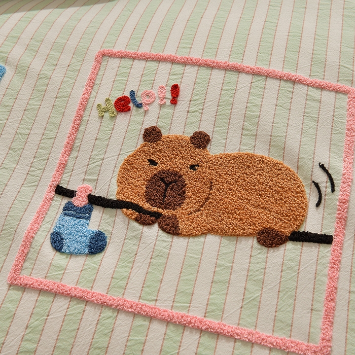 91家纺网 家纺一手货源 找家纺 炫拼家纺 2026新款多巴胺系列A类全棉40支水洗棉卡通毛巾绣四件套 多巴胺-惬意时光