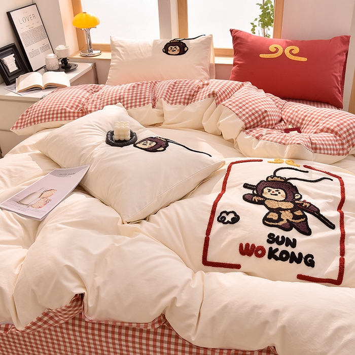 炫拼家纺 2026新款多巴胺系列A类全棉40支水洗棉卡通毛巾绣四件套 多巴胺-美猴王