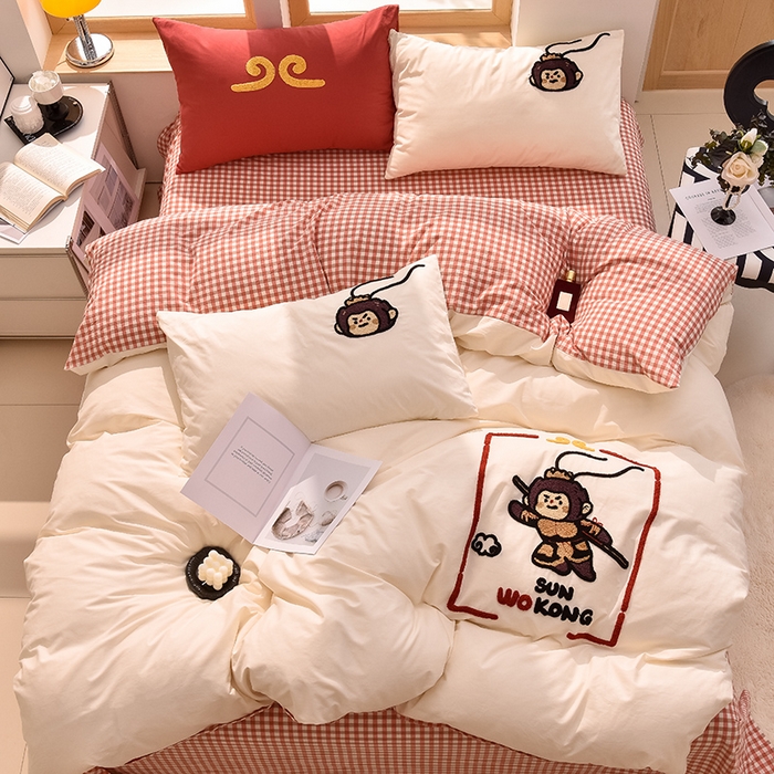 91家纺网 家纺一手货源 找家纺 炫拼家纺 2026新款多巴胺系列A类全棉40支水洗棉卡通毛巾绣四件套 多巴胺-美猴王