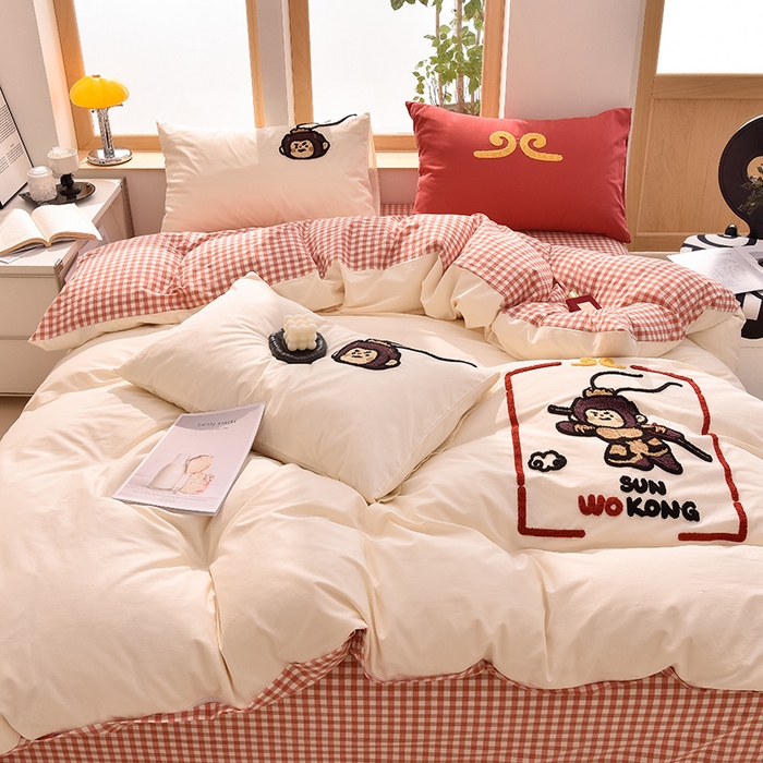 91家纺网 家纺一手货源 找家纺 炫拼家纺 2026新款多巴胺系列A类全棉40支水洗棉卡通毛巾绣四件套 多巴胺-美猴王