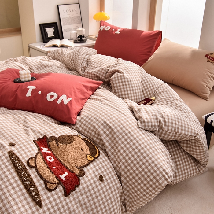 91家纺网 家纺一手货源 找家纺 炫拼家纺 2026新款多巴胺系列A类全棉40支水洗棉卡通毛巾绣四件套 多巴胺-No1