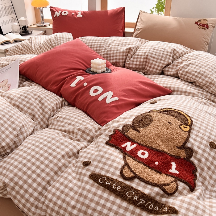 91家纺网 家纺一手货源 找家纺 炫拼家纺 2026新款多巴胺系列A类全棉40支水洗棉卡通毛巾绣四件套 多巴胺-No1