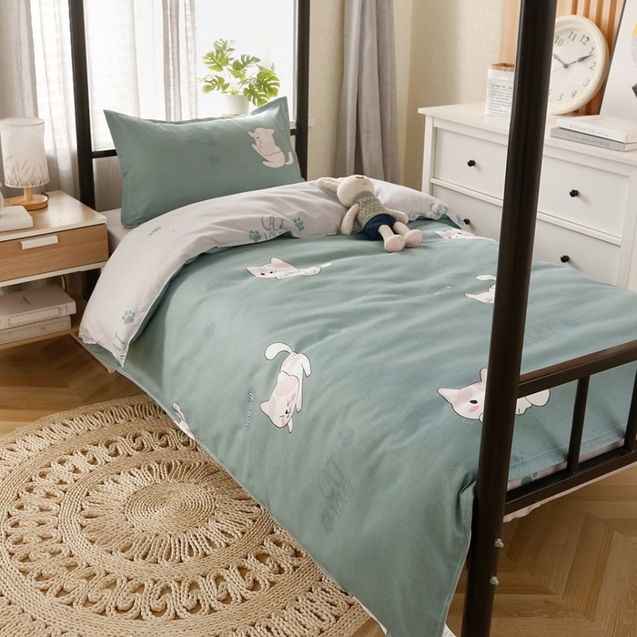 91家纺网 家纺一手货源 找家纺 友承家纺 【拎包入住】2026新款大学生宿舍床单人三件套床上用品被褥全套一整套被套被子四件套六 淘气猫绿