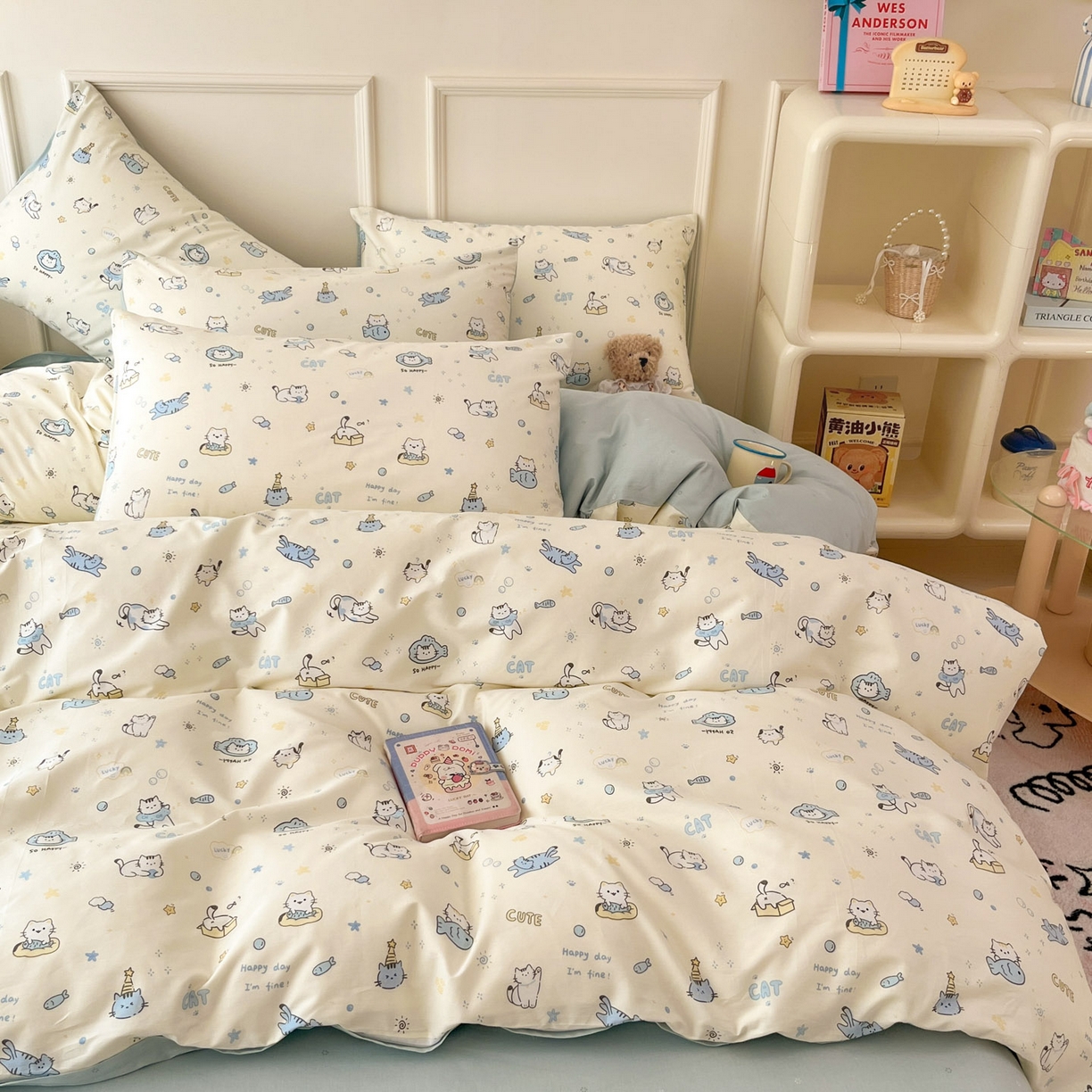 91家纺网 家纺一手货源 找家纺 西引力 2026新款40支全棉斜纹印花单枕套 猫吃鱼