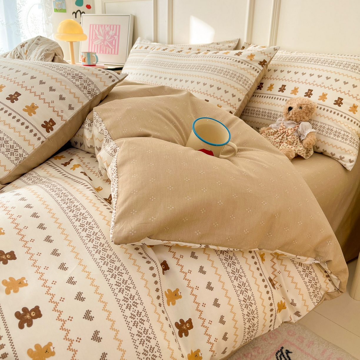 91家纺网 家纺一手货源 找家纺 西引力 2026新款40支全棉斜纹印花单枕套 费尔岛小熊