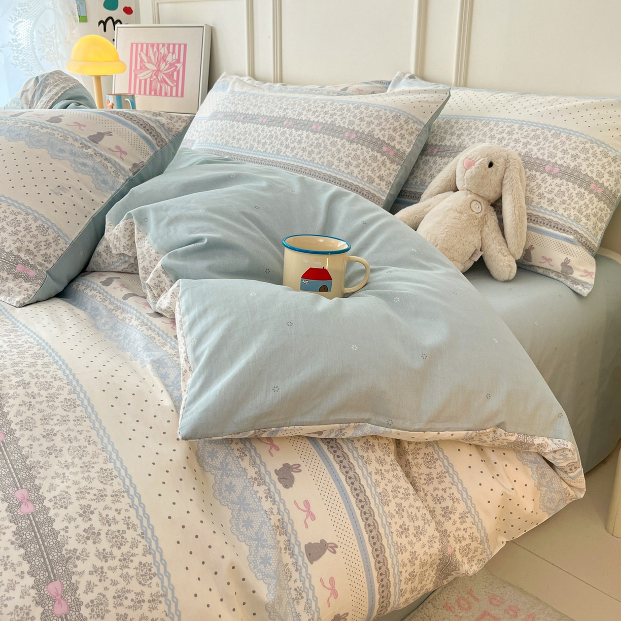 91家纺网 家纺一手货源 找家纺 西引力 2026新款40支全棉斜纹印花单枕套 花边兔