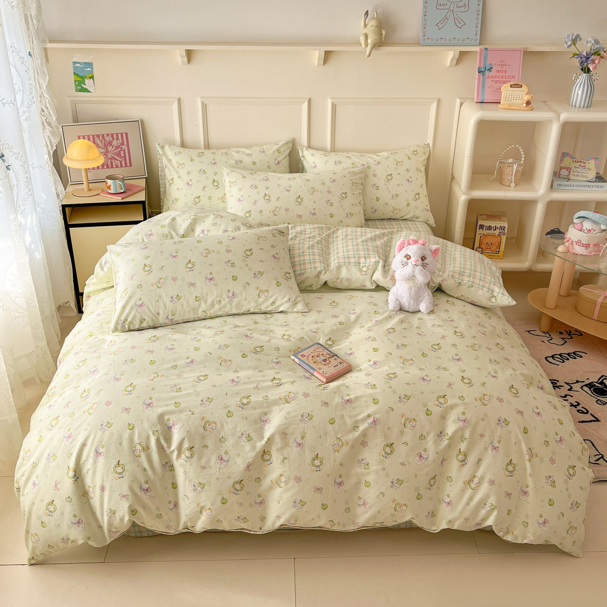 91家纺网 家纺一手货源 找家纺 西引力 2026新款40支全棉斜纹印花单枕套 绿苹果猫猫