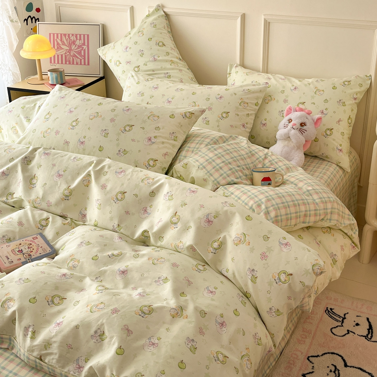 91家纺网 家纺一手货源 找家纺 西引力 2026新款40支全棉斜纹印花单枕套 绿苹果猫猫