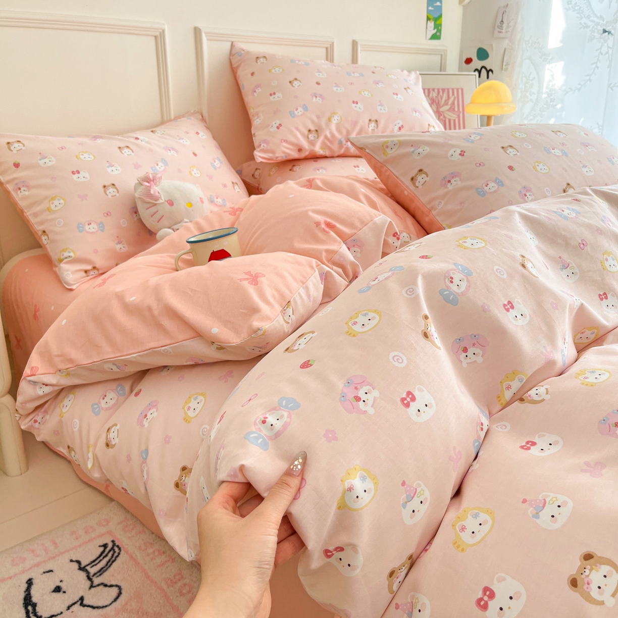 91家纺网 家纺一手货源 找家纺 西引力 2026新款40支全棉斜纹印花单枕套 糖果猫-粉