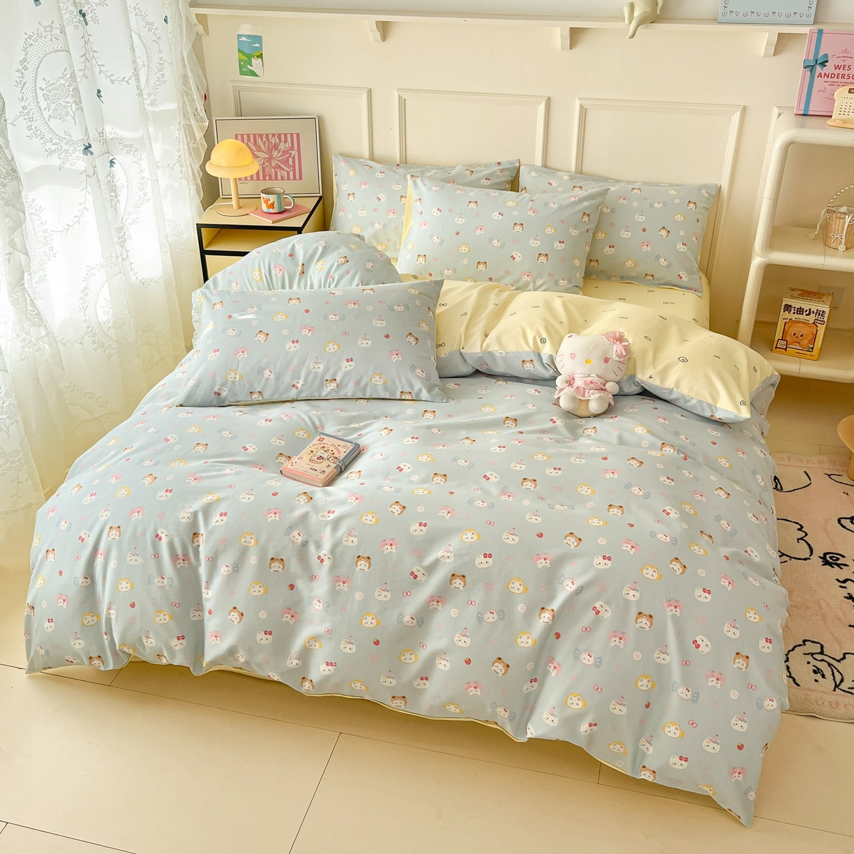 91家纺网 家纺一手货源 找家纺 西引力 2026新款40支全棉斜纹印花单枕套 糖果猫-蓝