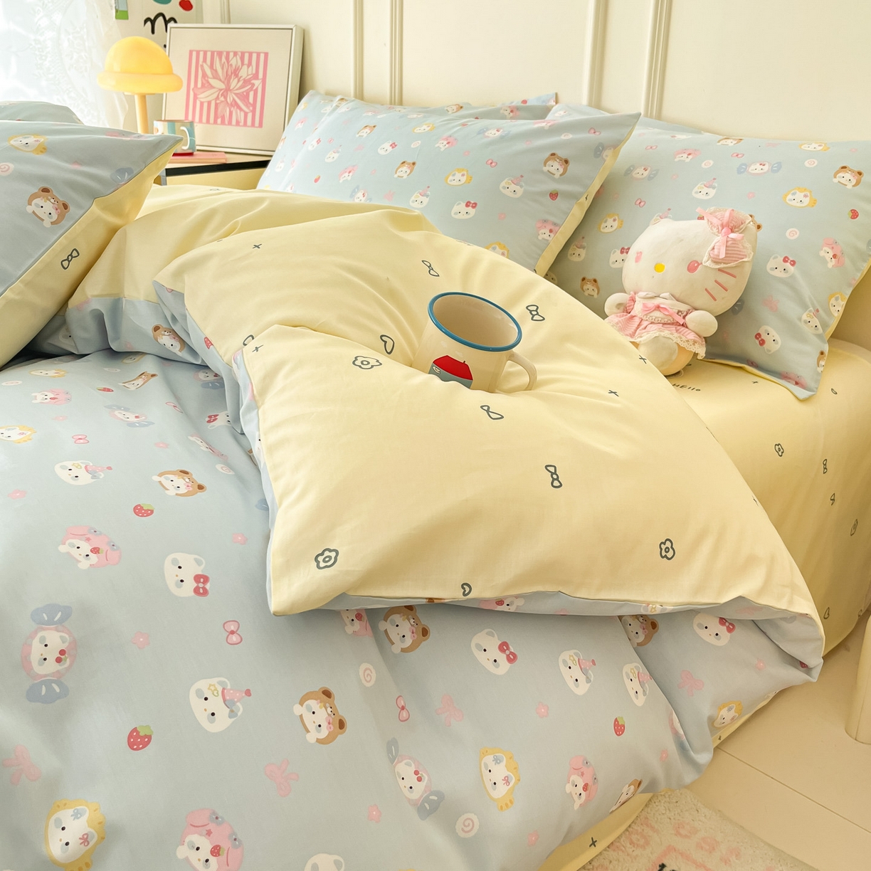 91家纺网 家纺一手货源 找家纺 西引力 2026新款40支全棉斜纹印花单枕套 糖果猫-蓝