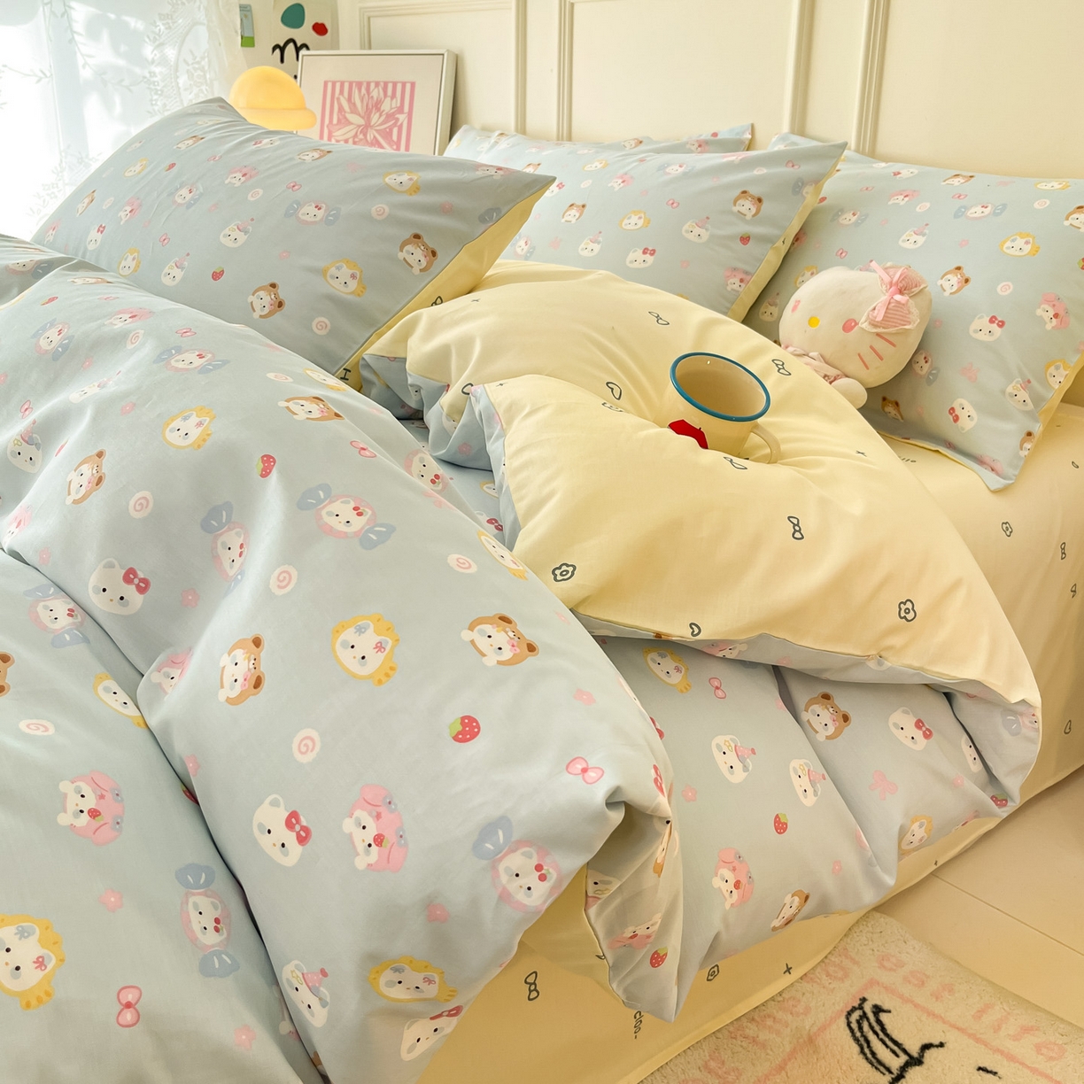 91家纺网 家纺一手货源 找家纺 西引力 2026新款40支全棉斜纹印花单枕套 糖果猫-蓝