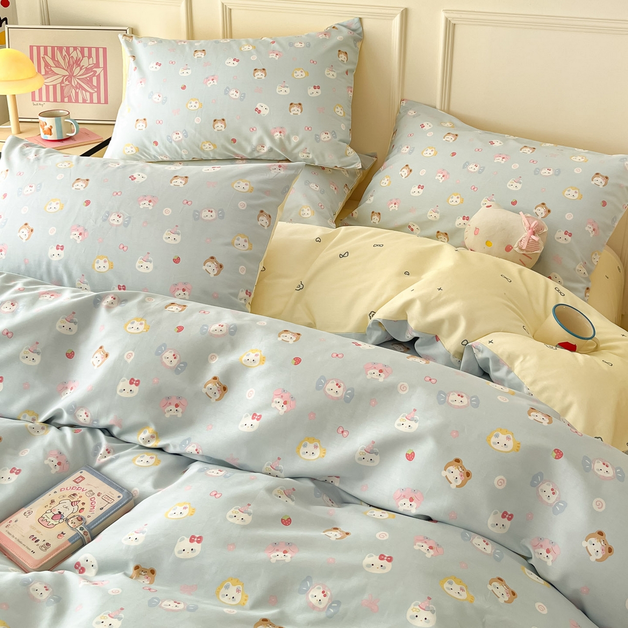 91家纺网 家纺一手货源 找家纺 西引力 2026新款40支全棉斜纹印花单枕套 糖果猫-蓝