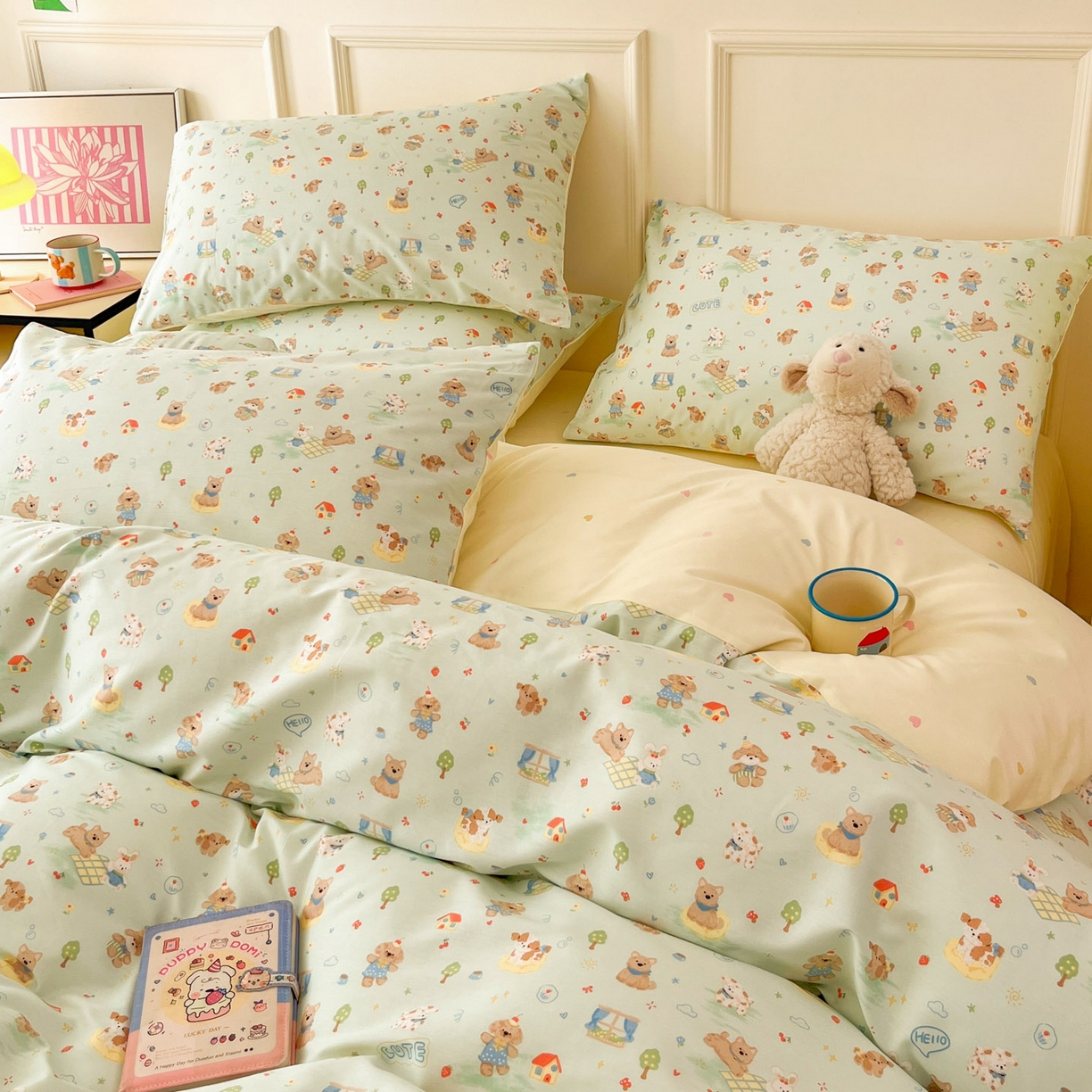 91家纺网 家纺一手货源 找家纺 西引力 2026新款40支全棉斜纹印花单枕套 童趣小狗