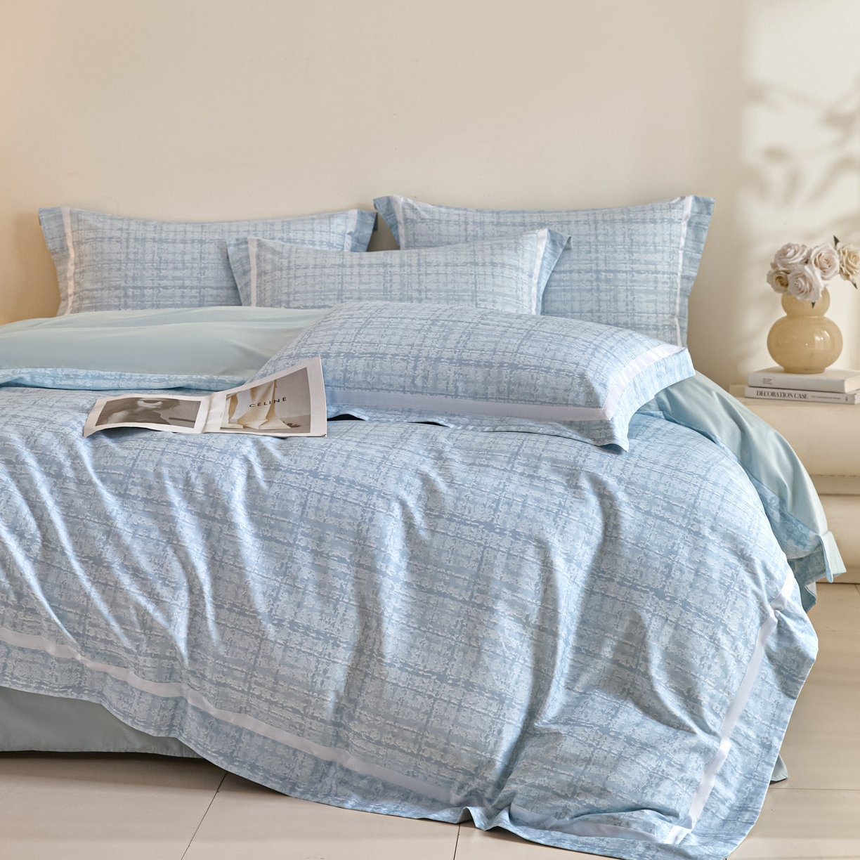 91家纺网 家纺一手货源 找家纺 新方向2026春夏新款数码印花50s双股全棉纯棉贡缎长绒棉四件套-怦然心动（控价 标准328元 加大348元） 怦然心动-星月蓝