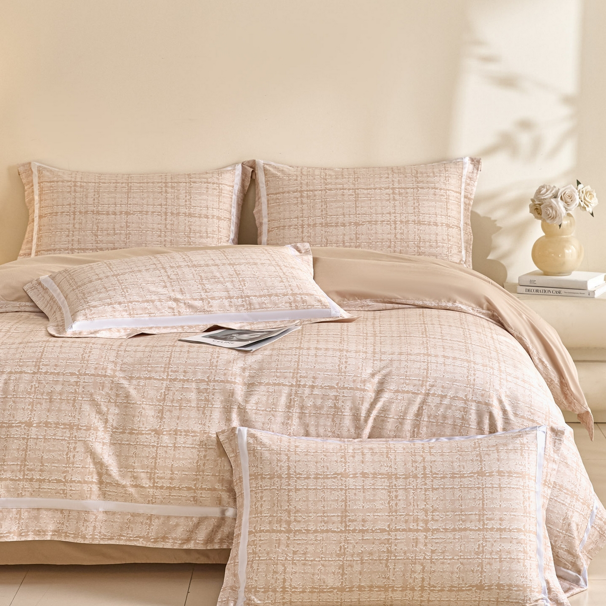 91家纺网 家纺一手货源 找家纺 新方向2026春夏新款数码印花50s双股全棉纯棉贡缎长绒棉四件套-怦然心动（控价 标准328元 加大348元） 怦然心动-香槟