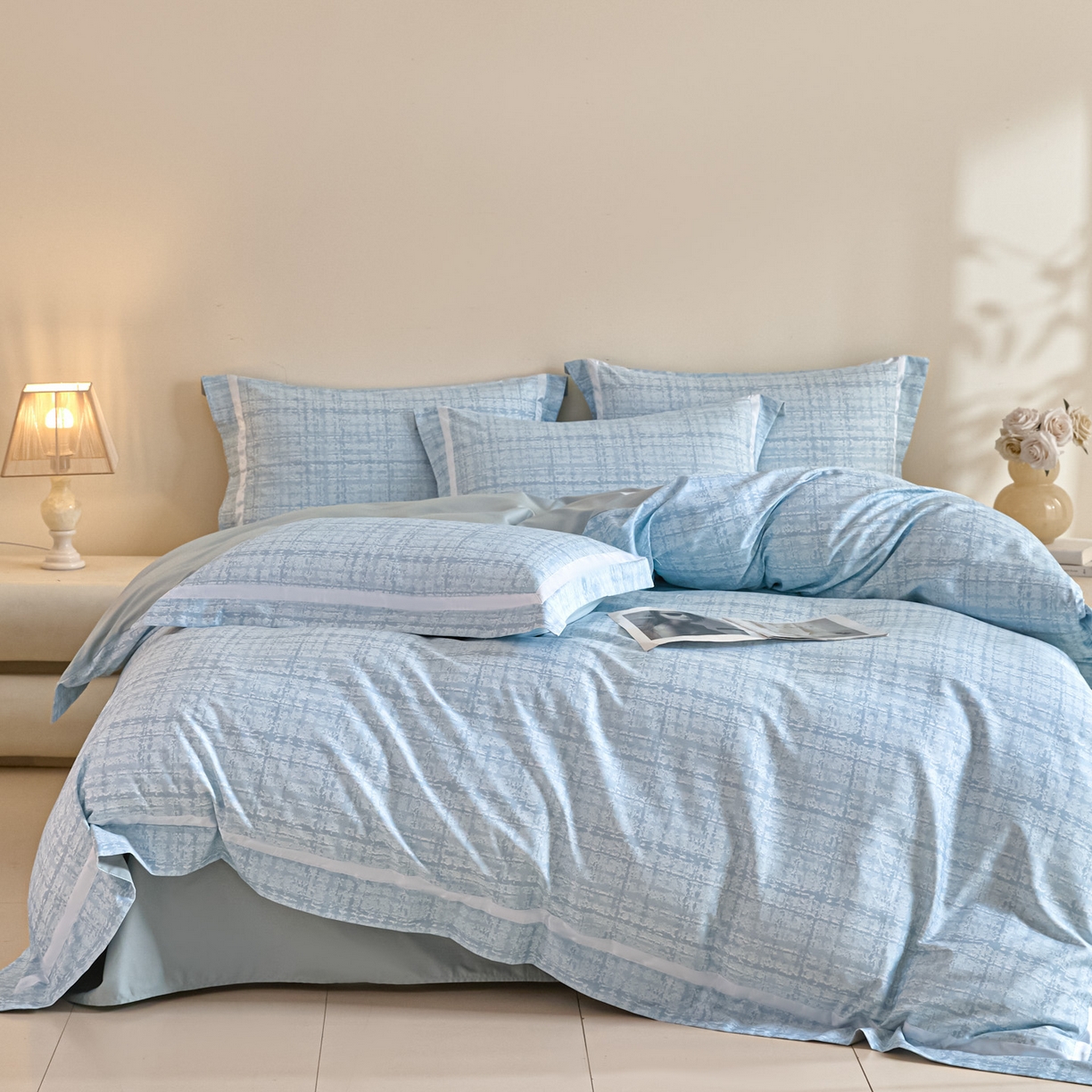 91家纺网 家纺一手货源 找家纺 新方向2026春夏新款数码印花50s双股全棉纯棉贡缎长绒棉四件套-怦然心动（控价 标准328元 加大348元） 怦然心动-星月蓝