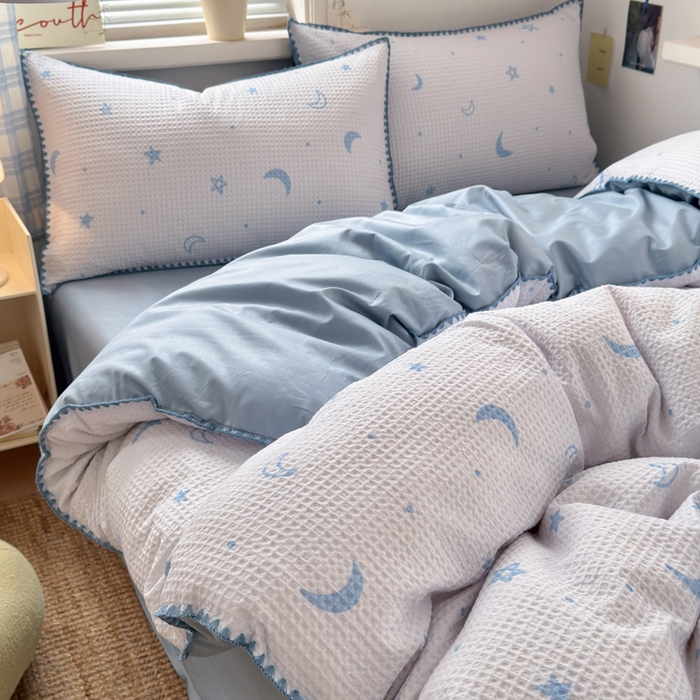 91家纺网 家纺一手货源 找家纺 典曼家纺 2026新款A类全棉华夫格提花贝壳边四件套 云梦星河-兰