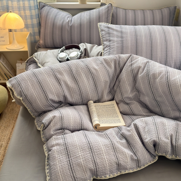 91家纺网 家纺一手货源 找家纺 典曼家纺 2026新款A类全棉华夫格提花贝壳边四件套 派克-灰