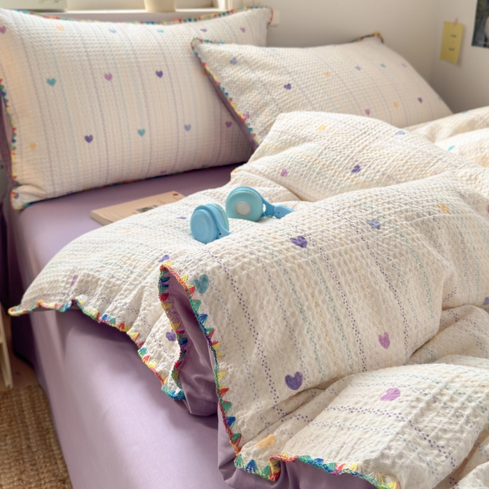 91家纺网 家纺一手货源 找家纺 典曼家纺 2026新款A类全棉华夫格提花贝壳边四件套 伊柠