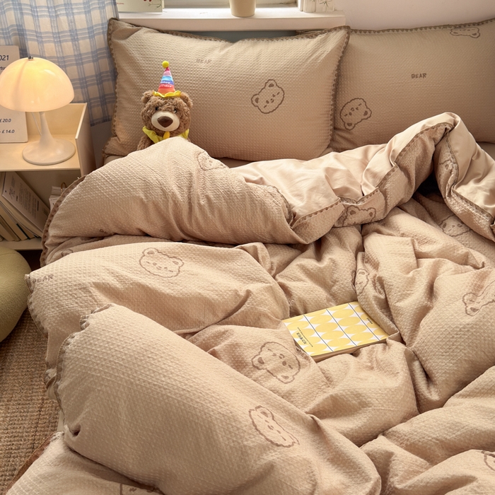 91家纺网 家纺一手货源 找家纺 典曼家纺 2026新款A类全棉华夫格提花贝壳边四件套 萌动时光-咖