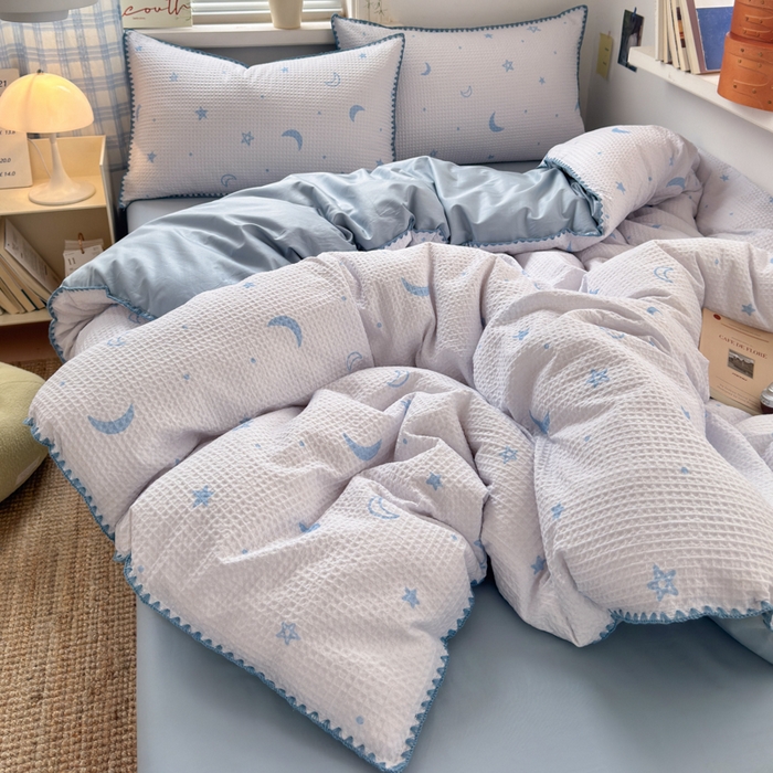 91家纺网 家纺一手货源 找家纺 典曼家纺 2026新款A类全棉华夫格提花贝壳边四件套 云梦星河-兰