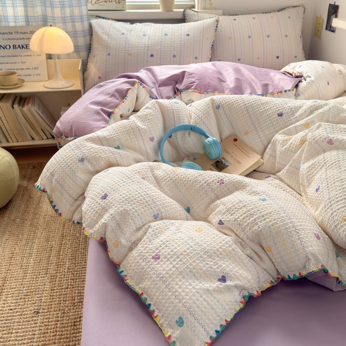 91家纺网 家纺一手货源 找家纺 典曼家纺 2026新款A类全棉华夫格提花贝壳边四件套 伊柠