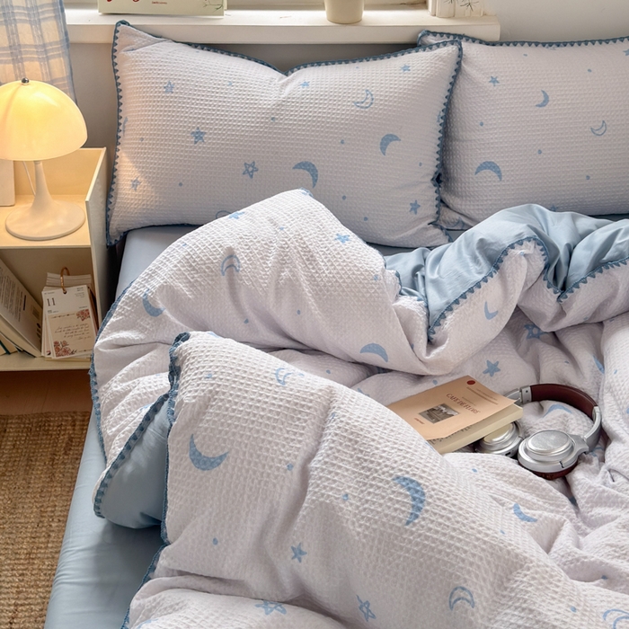 91家纺网 家纺一手货源 找家纺 典曼家纺 2026新款A类全棉华夫格提花贝壳边四件套 云梦星河-兰