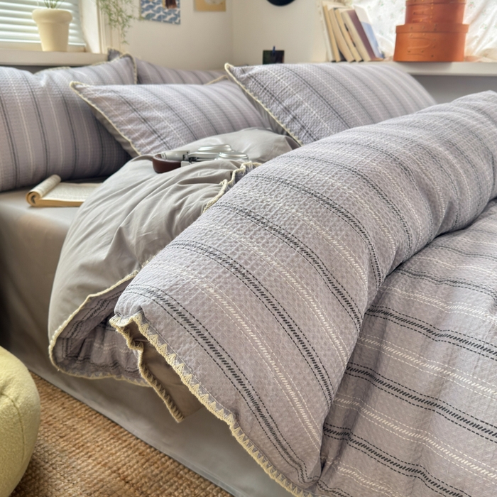 91家纺网 家纺一手货源 找家纺 典曼家纺 2026新款A类全棉华夫格提花贝壳边四件套 派克-灰