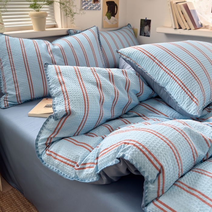 91家纺网 家纺一手货源 找家纺 典曼家纺 2026新款A类全棉华夫格提花贝壳边四件套 风月-兰