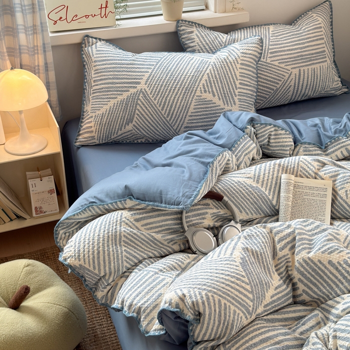 91家纺网 家纺一手货源 找家纺 典曼家纺 2026新款A类全棉华夫格提花贝壳边四件套 简森-兰