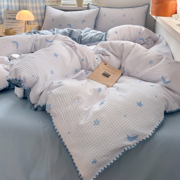 91家纺网 家纺一手货源 找家纺 典曼家纺 2026新款A类全棉华夫格提花贝壳边四件套 云梦星河-兰