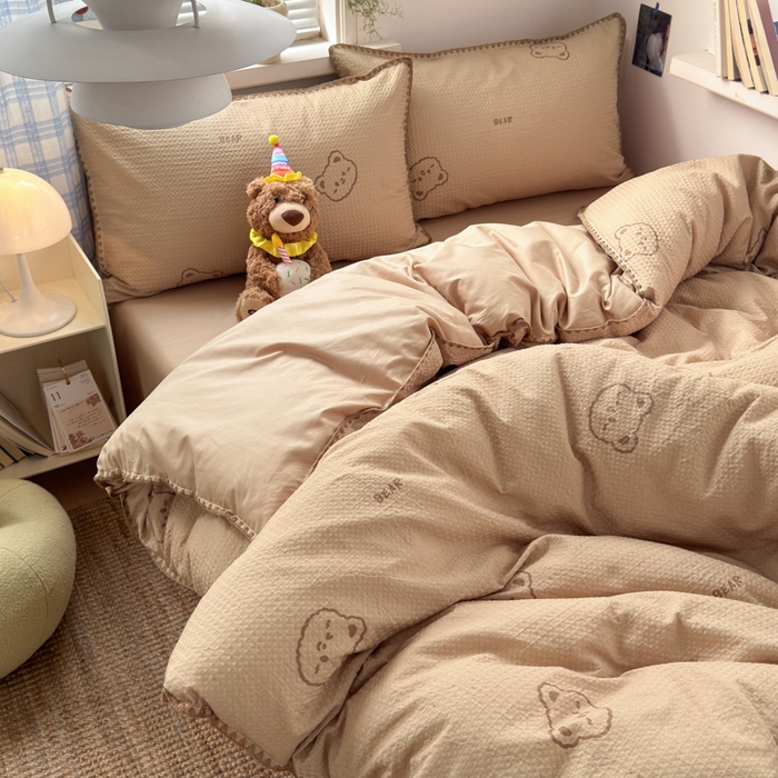 91家纺网 家纺一手货源 找家纺 典曼家纺 2026新款A类全棉华夫格提花贝壳边四件套 萌动时光-咖