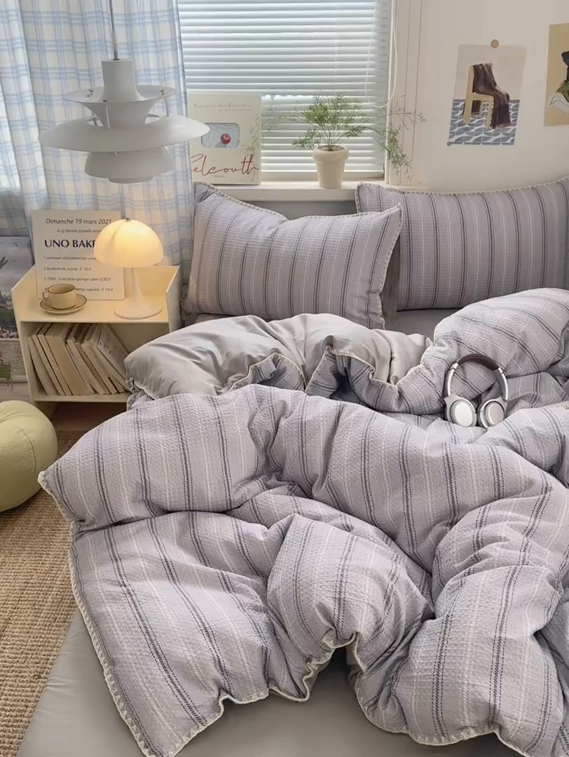 91家纺网 家纺一手货源 找家纺 典曼家纺 2026新款A类全棉华夫格提花贝壳边四件套 派克-灰