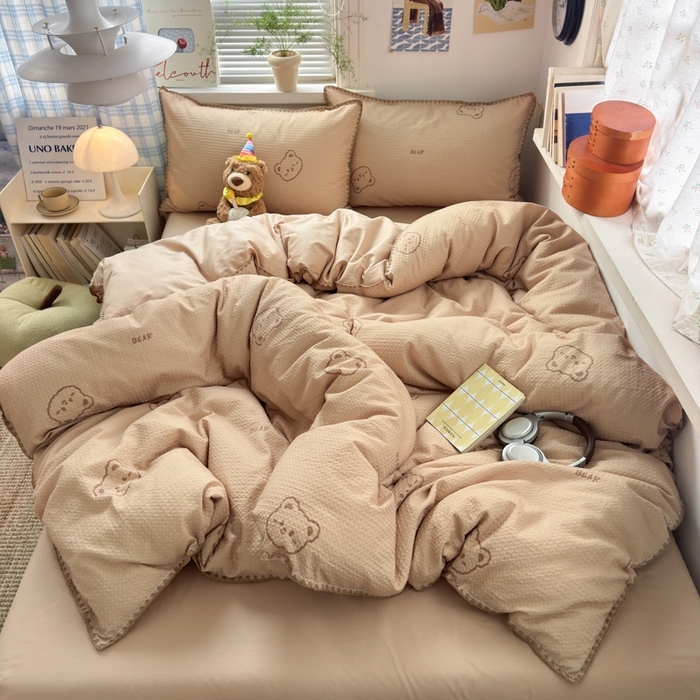 91家纺网 家纺一手货源 找家纺 典曼家纺 2026新款A类全棉华夫格提花贝壳边四件套 萌动时光-咖