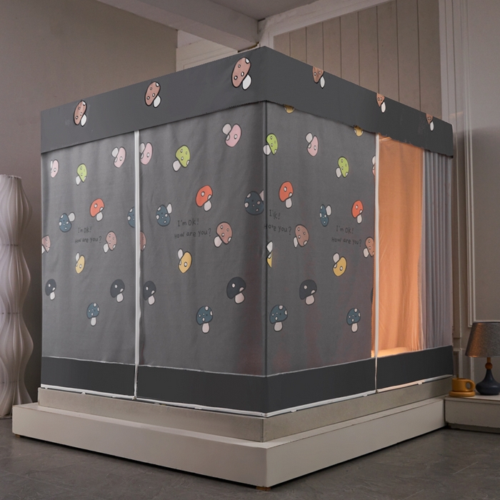 91家纺网 家纺一手货源 找家纺 千逸虹 2026新款卡通加密加大全底坐床遮光防摔回底蚊帐 蘑菇灰-回底