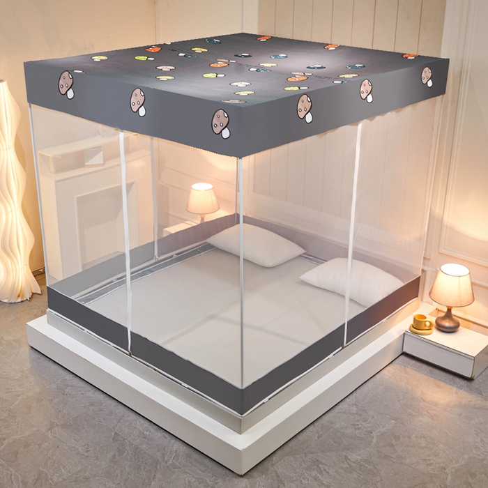 91家纺网 家纺一手货源 找家纺 千逸虹 2026新款卡通加密加大全底坐床遮光防摔回底蚊帐 蘑菇灰-回底