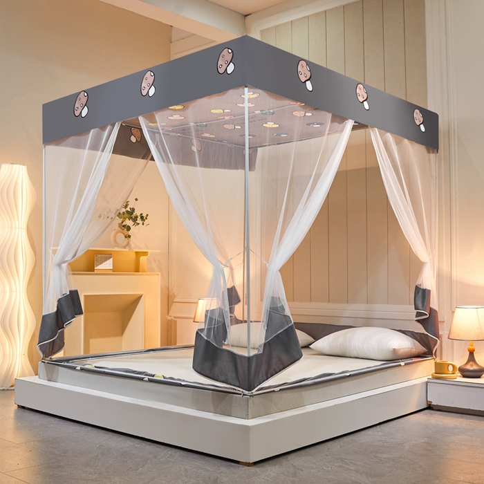 91家纺网 家纺一手货源 找家纺 千逸虹 2026新款卡通加密加大全底坐床遮光防摔回底蚊帐 蘑菇灰-回底