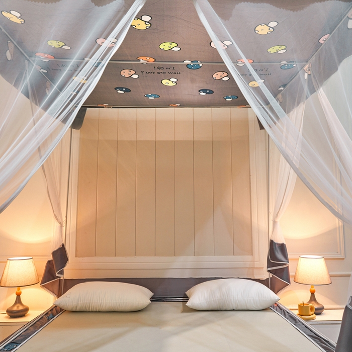 91家纺网 家纺一手货源 找家纺 千逸虹 2026新款卡通加密加大全底坐床遮光防摔回底蚊帐 蘑菇灰-回底