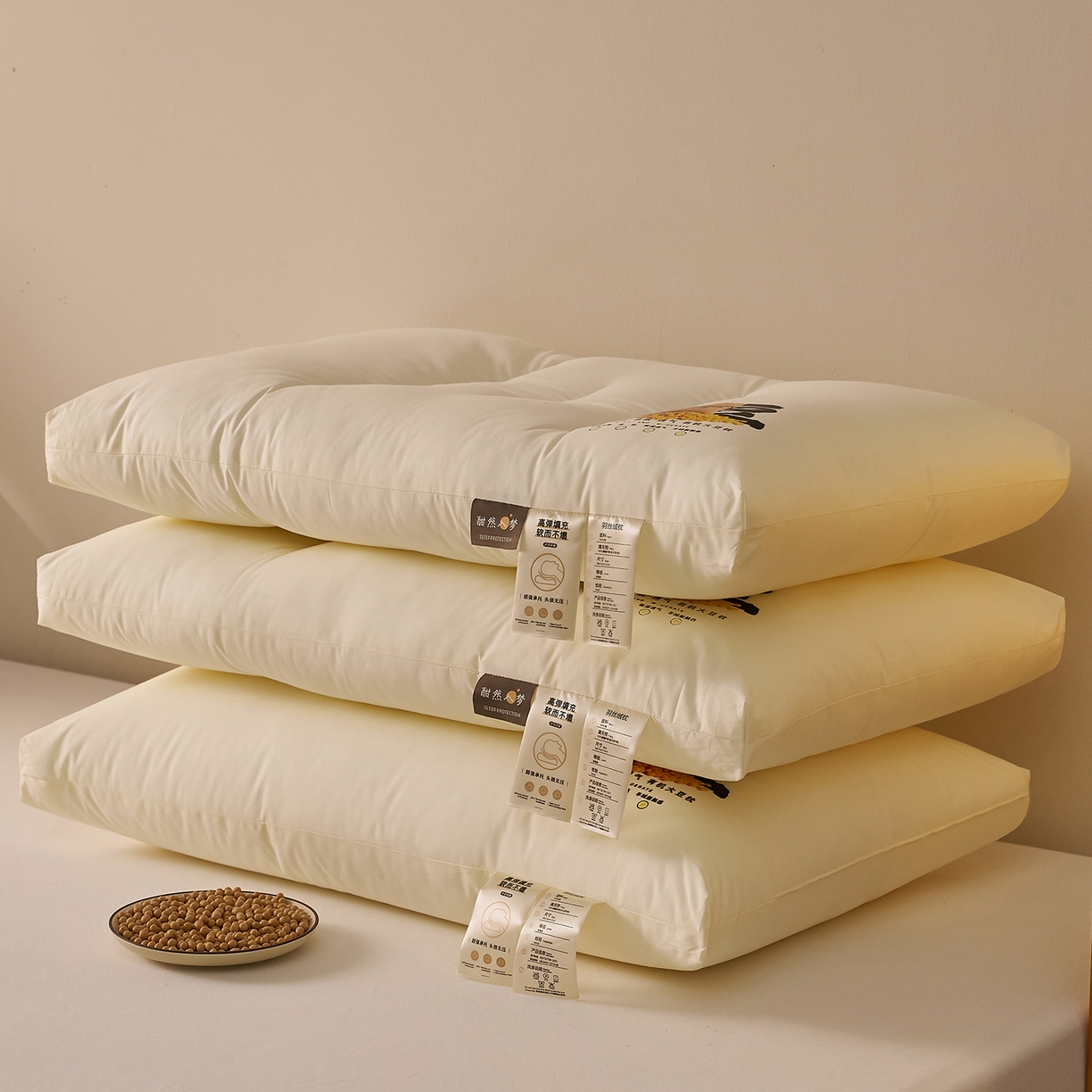 91家纺网 家纺一手货源 找家纺 乐可 2026新款A类全棉大豆枕酣然入梦黄豆枕枕头枕芯 组合